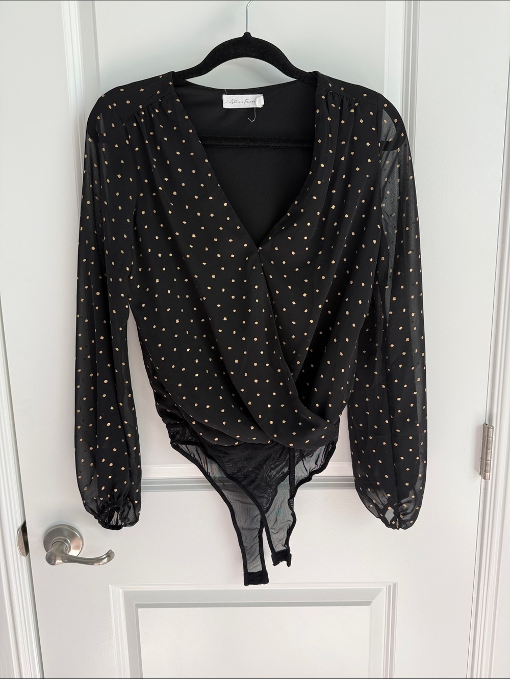 All in Favor Black Sheer Polka Dot Surplice Bodysuit with Gold Dots